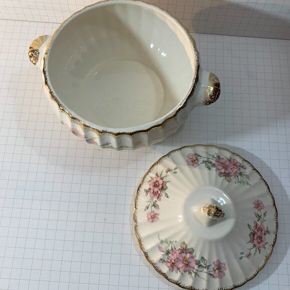 American Limoges Covered Dish Wild Rose 22K Gold Trim Vegetable Tureen 1930s VTG - Picture 9 of 11